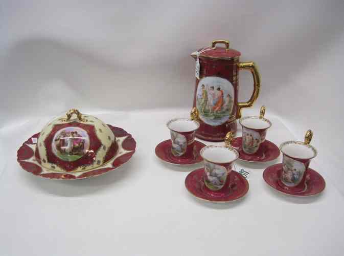 Appraisal: PORCELAIN CHOCOLATE SET COVERED SERVING DISH pieces ''Royal Vienna'' style