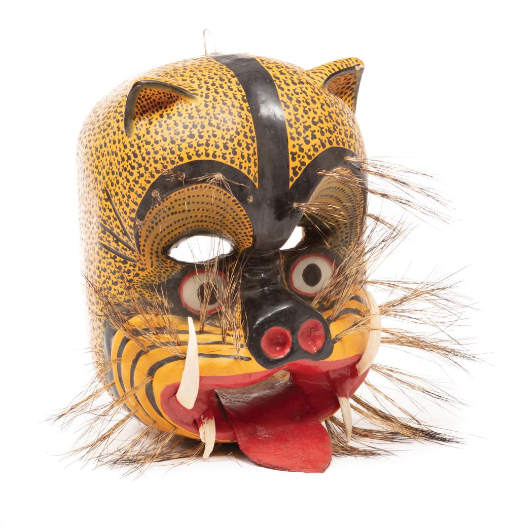 Appraisal: Carved and Painted Wood Cat Mask mounted with fangs and