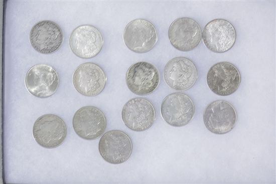 Appraisal: SIXTEEN SILVER DOLLARS Including Morgan and Peace dollars Assorted dates