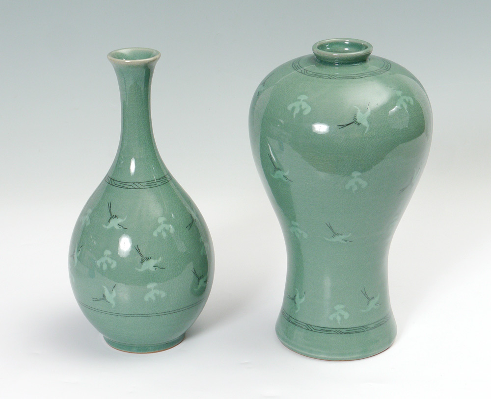 Appraisal: PIECE KOREAN CELADON PORCELAIN VASES Both having hand painted cranes