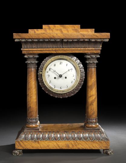 Appraisal: Imposing Northern European Biedermeier Carved Fruitwood Mantel Clock of Portico