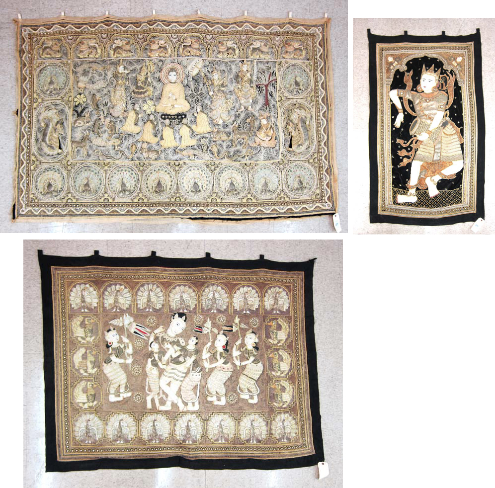 Appraisal: THREE WALL KALAGAS EMBROIDERED TAPESTRIES Thailand Burma border th century