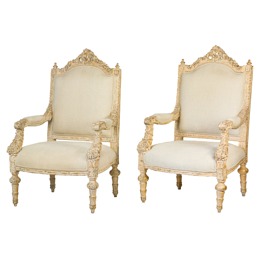 Appraisal: A PAIR OF NEOCLASSICAL STYLE PAINTED AND CARVED WOOD ARMCHAIRS