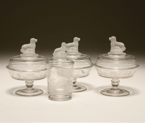 Appraisal: American pattern glass three covered compotes and one marmalade lid