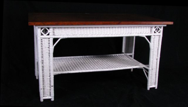 Appraisal: White Wicker Table with Oak Top