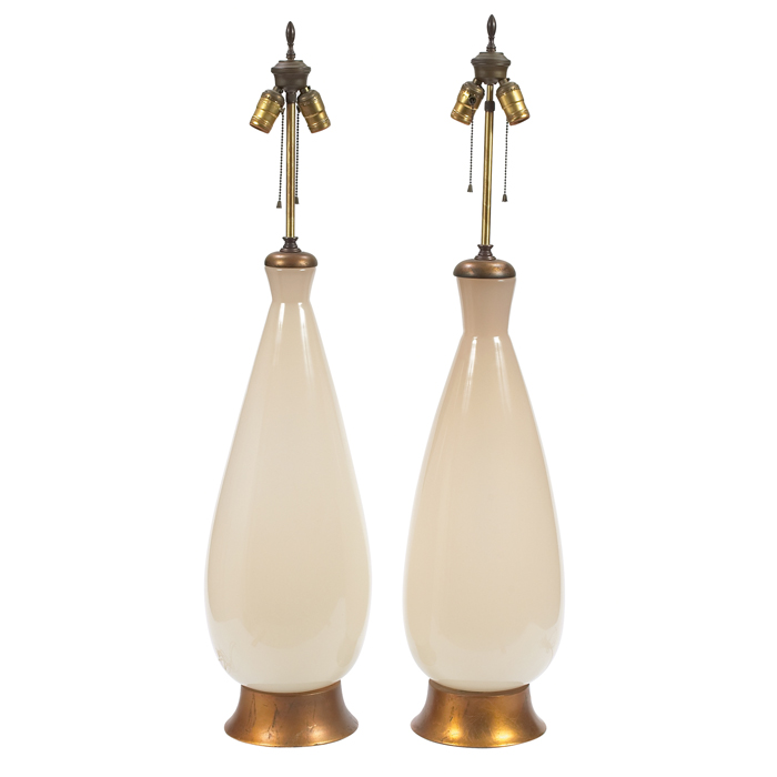 Appraisal: Large Murano glass lamps pair opaque white glass forms gilt