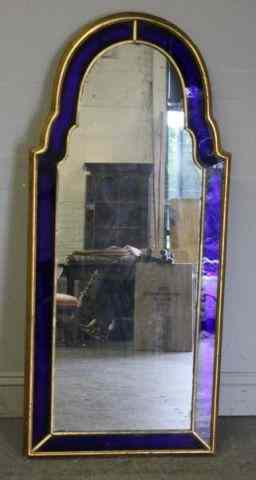 Appraisal: Antique Gilded Georgian Style Tombstone Mirror With cobalt glass border