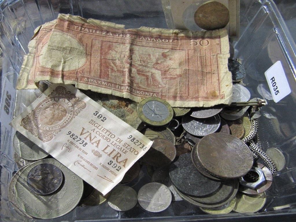 Appraisal: Box of assorted coins and banknotes