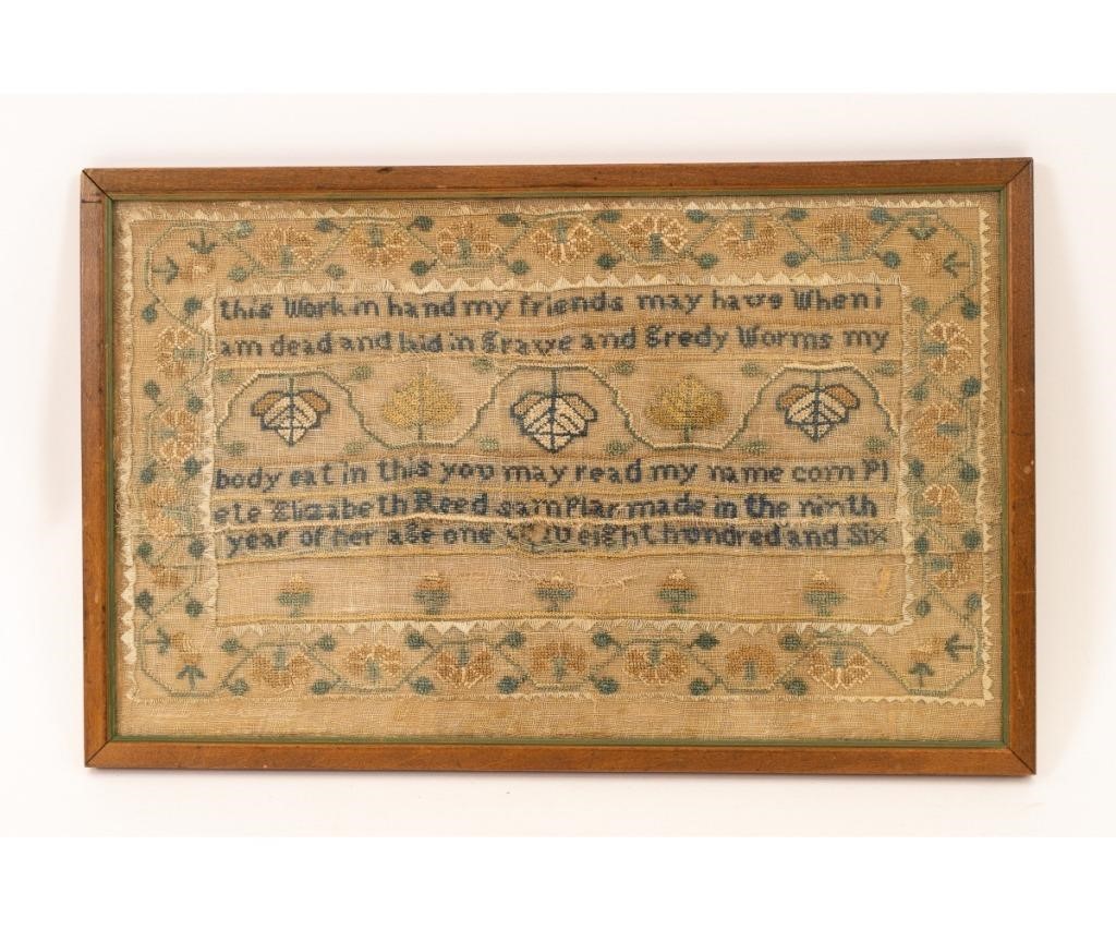 Appraisal: Silk on linen sampler wrought by Elisabeth Reed probably New