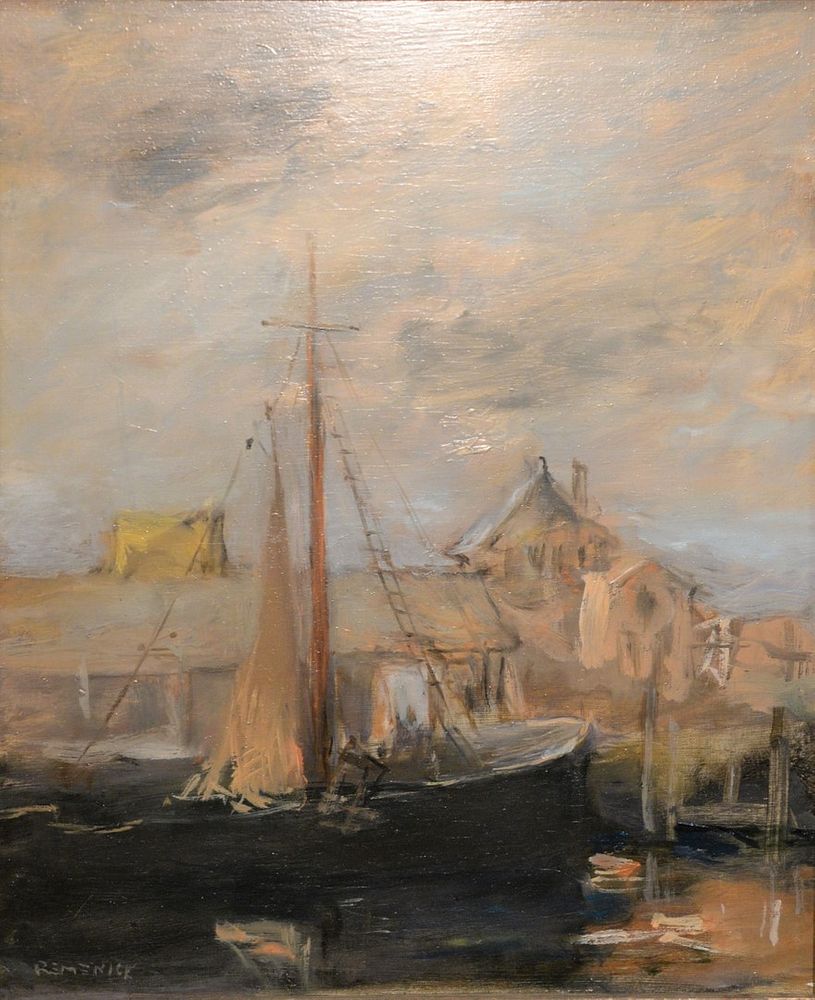 Appraisal: Seymour Remenick - sailboat at dock oil on board signed