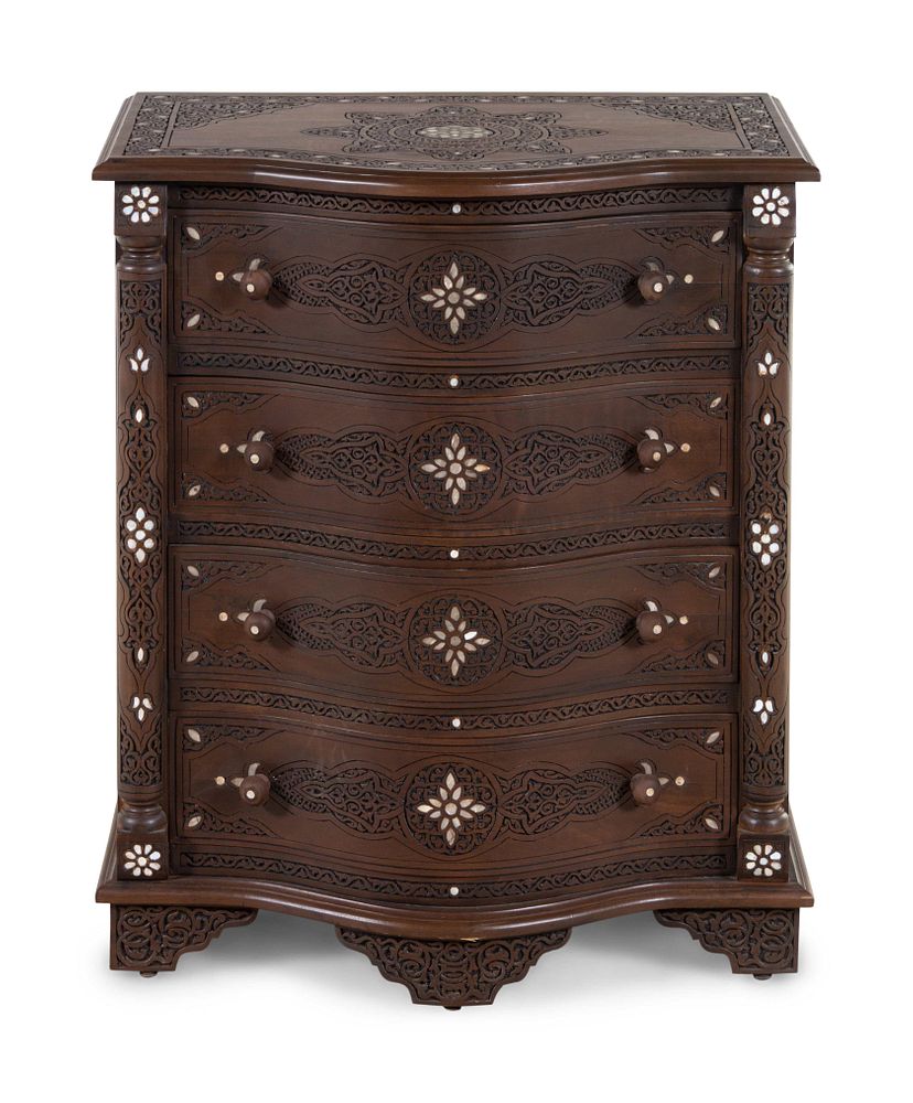 Appraisal: A Syrian Carved Mother-of-Pearl Inlaid Walnut Serpentine Chest of Drawers