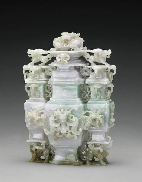 Appraisal: A jadeite conjoined covered vase th Century Designed in the