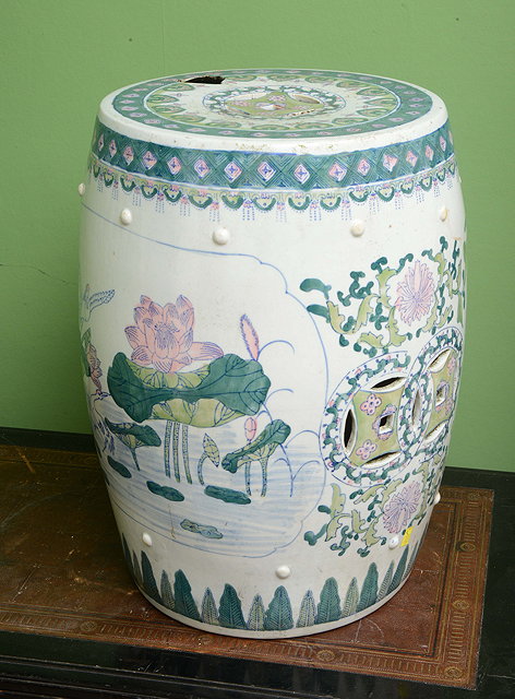 Appraisal: A CHINESE GARDEN SEAT decorated with storks amongst lilies high