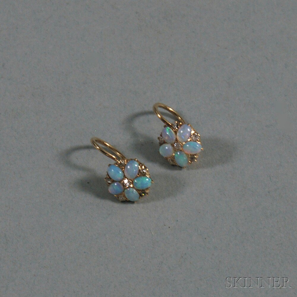 Appraisal: Small Pair of kt Gold Opal and Diamond Flowerhead Earrings