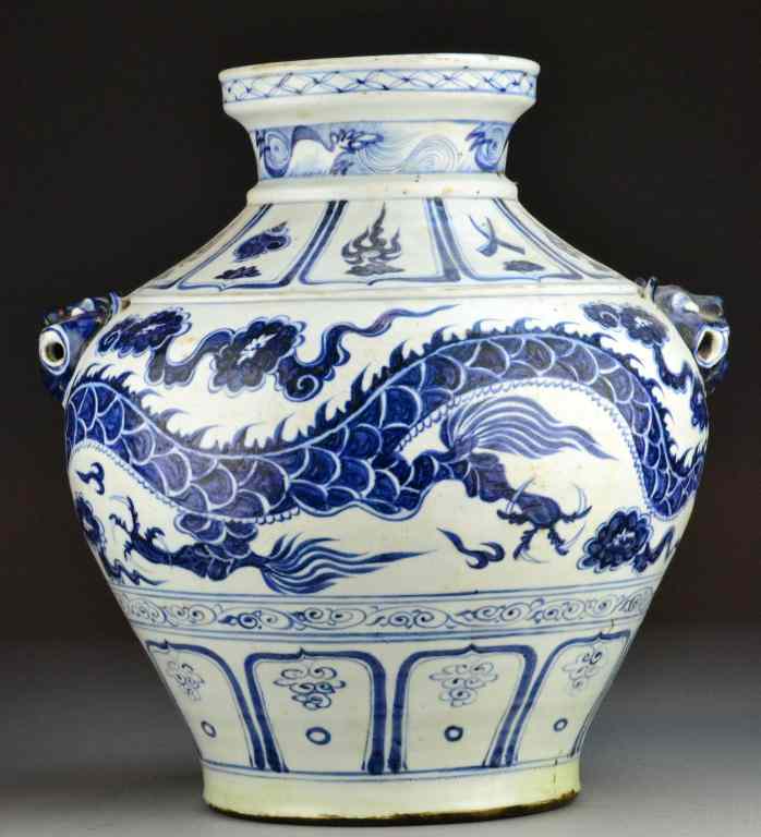 Appraisal: Chinese Blue White Porcelain VaseFinely painted to depict two dragons