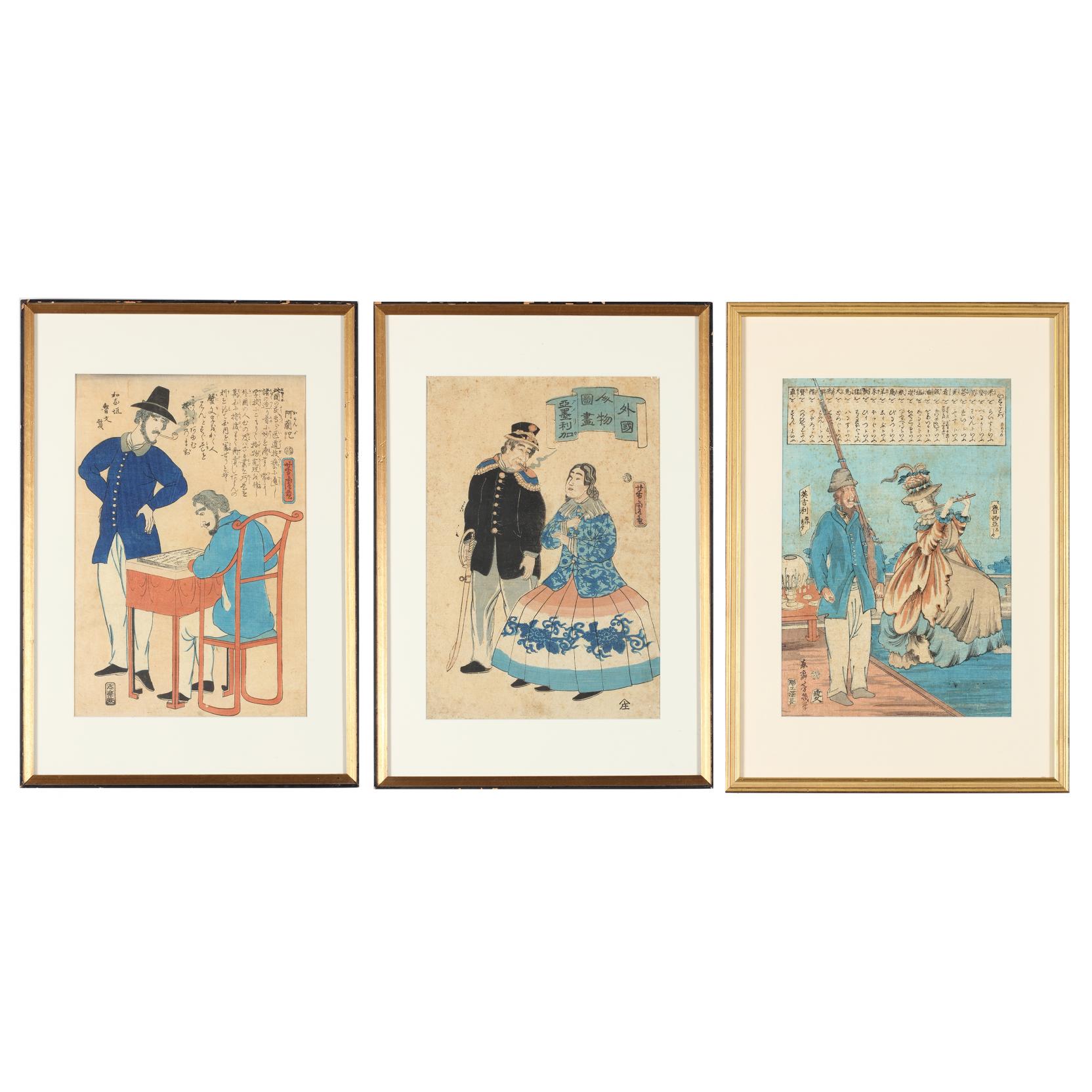 Appraisal: Three Japanese Yokohama-e Woodblock Prints Edo period - two prints