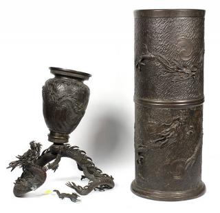 Appraisal: Japanese Bronze Dragon Vase and Umbrella Stand Meiji lot of