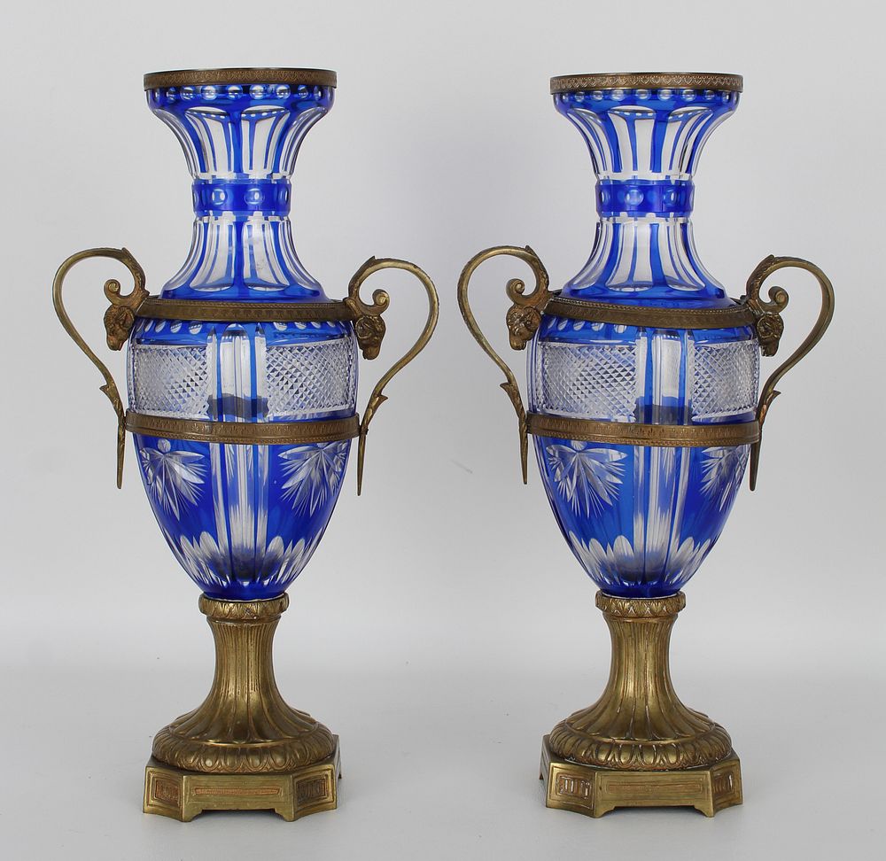 Appraisal: Pair of French Bronze and Cobalt Cut Glass Urns Pair