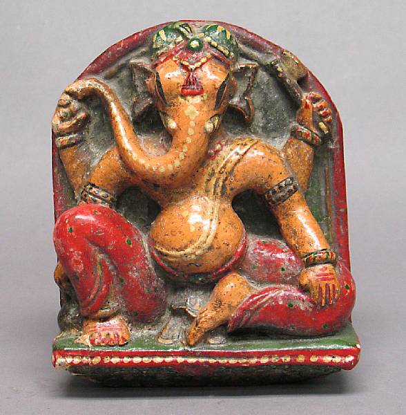 Appraisal: Two Indian plaques depicting Ganesh One of painted plaster chip