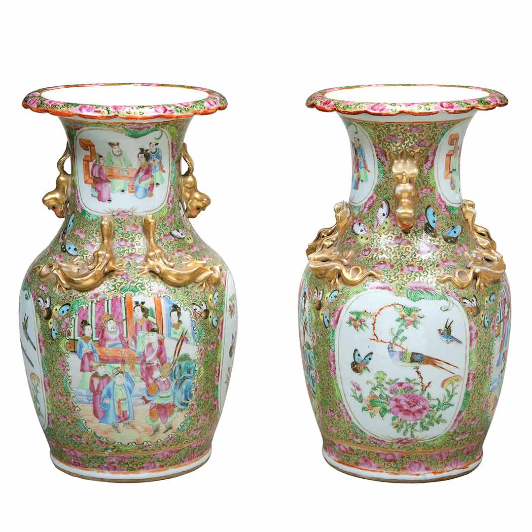 Appraisal: Pair of Chinese Rose Medallion Porcelain Vases th Century Each