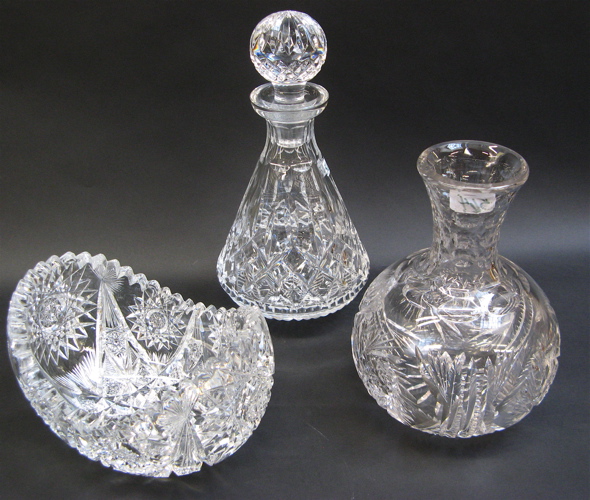 Appraisal: THREE CLEAR CUT GLASS DECORATIVE ITEMS including an American Brilliant