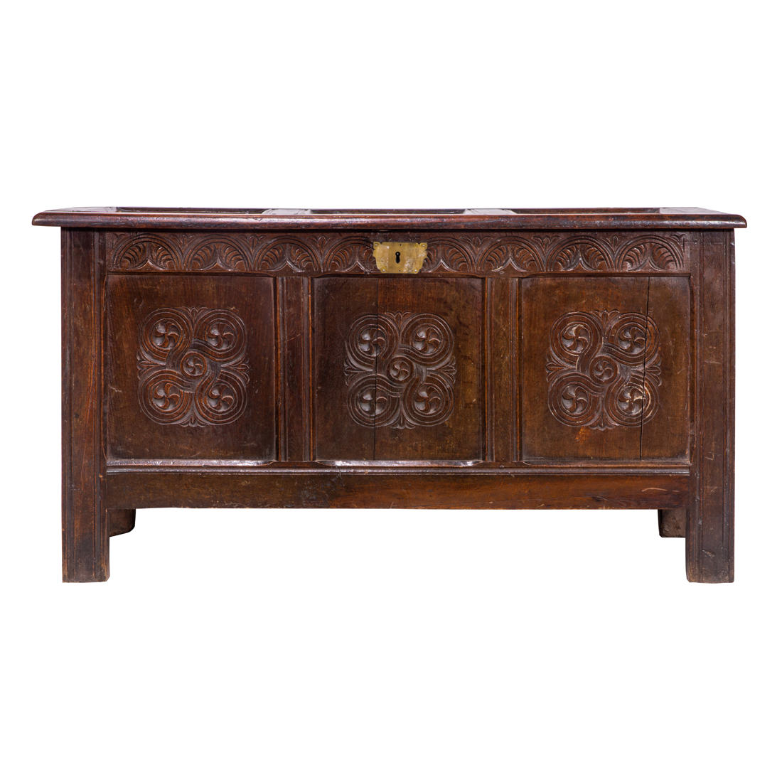 Appraisal: A CONTINENTAL CARVED OAK COFFER CIRCA A continental carved oak