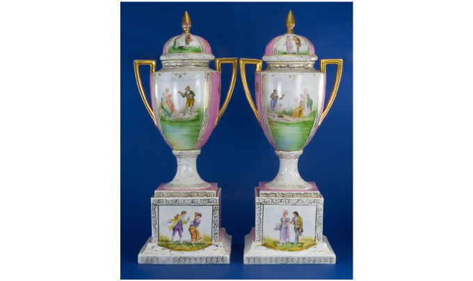 Appraisal: Pair of Large Royal Vienna Handled Vases Both with covers