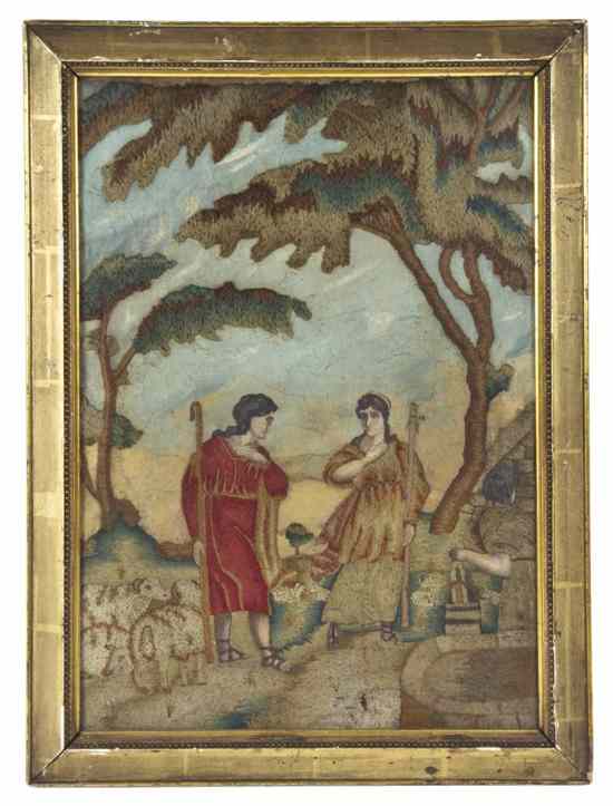 Appraisal: An English Needlework and Oil on Silk Picture depicting shepherds