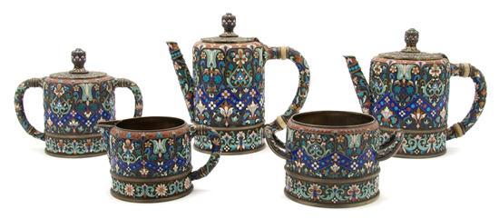 Appraisal: Russian Enameled Five Piece Tea Set the coffee pot and