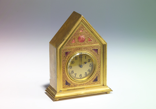 Appraisal: TIFFANY FURNACES Gilt parcel acid-etched mantel clock of temple shape