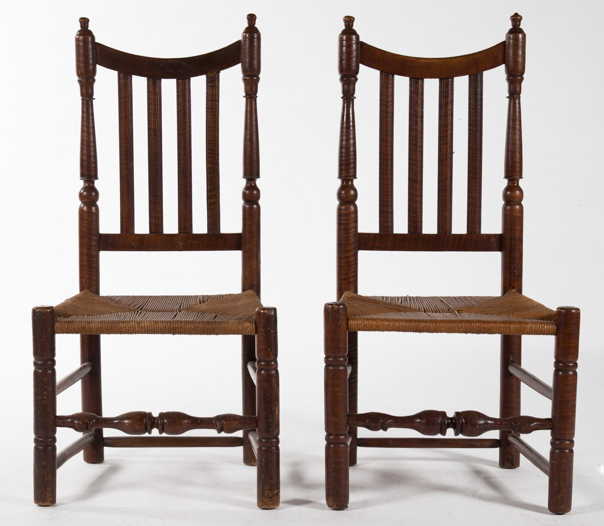 Appraisal: Pair William and Mary tiger maple rush-seat chairs early th