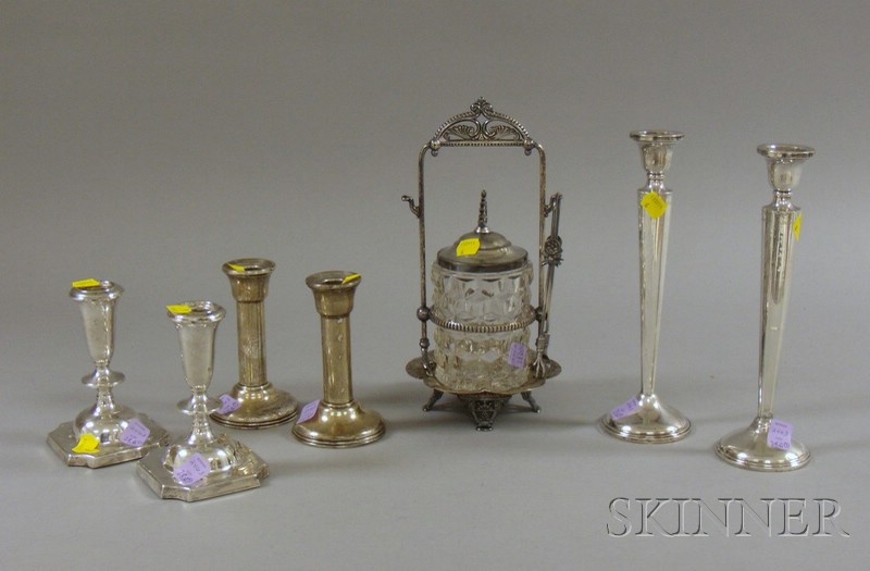 Appraisal: Three Pairs of Sterling Weighted Candlesticks and Silver Plated Pickle