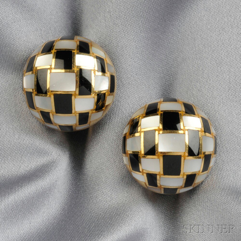 Appraisal: kt Gold Black Jade and Mother-of-pearl Earclips Tiffany Co Hong