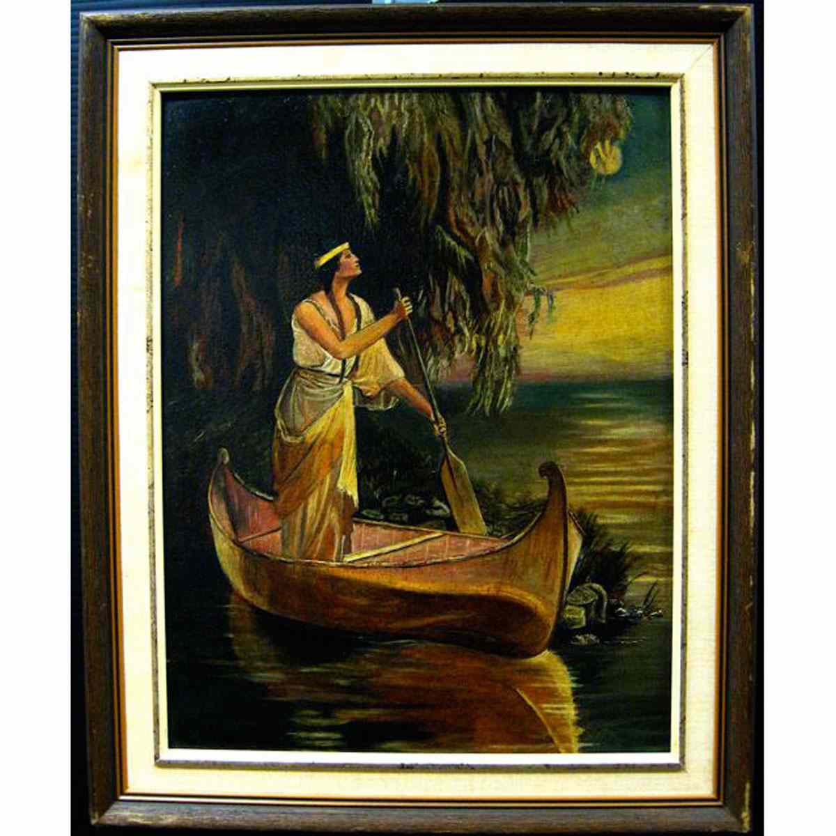 Appraisal: TH CENTURY CANADIAN INDIAN MAIDENS IN CANOE UNDER MOONLIGHT PAIR