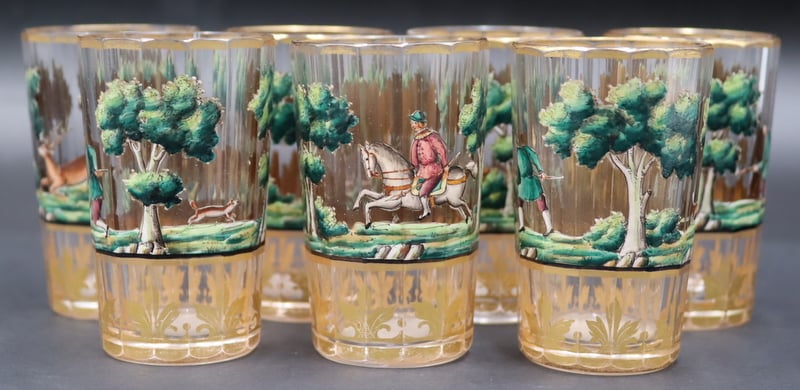 Appraisal: Attr Moser Paint and Gilt Decorated Glasses Displaying hunt scenes