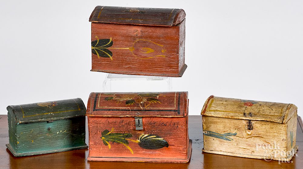 Appraisal: Four painted pine dome lid dresser boxes Four painted pine