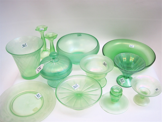 Appraisal: TWELVE PIECES GREEN STRETCH GLASS bowls from to D pair