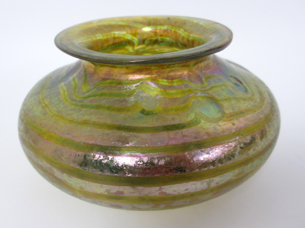 Appraisal: A Loetz iridescent glass vase squat oviform with silver trailed