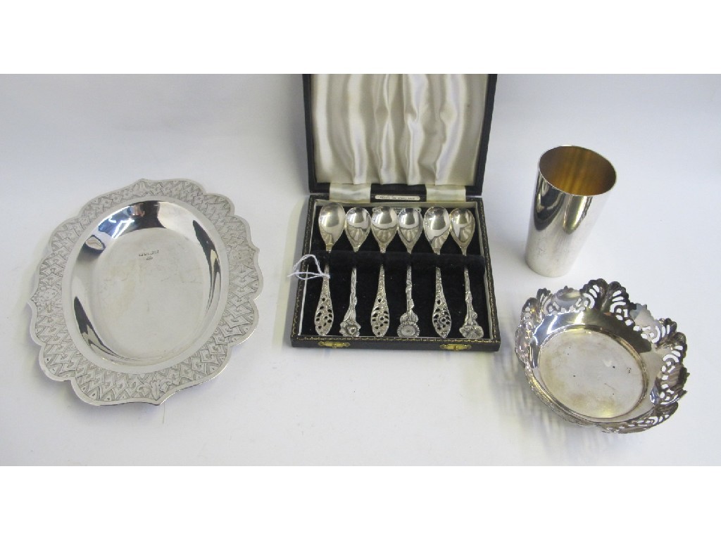 Appraisal: Lot comprising two silver dishes an silver beaker and cased