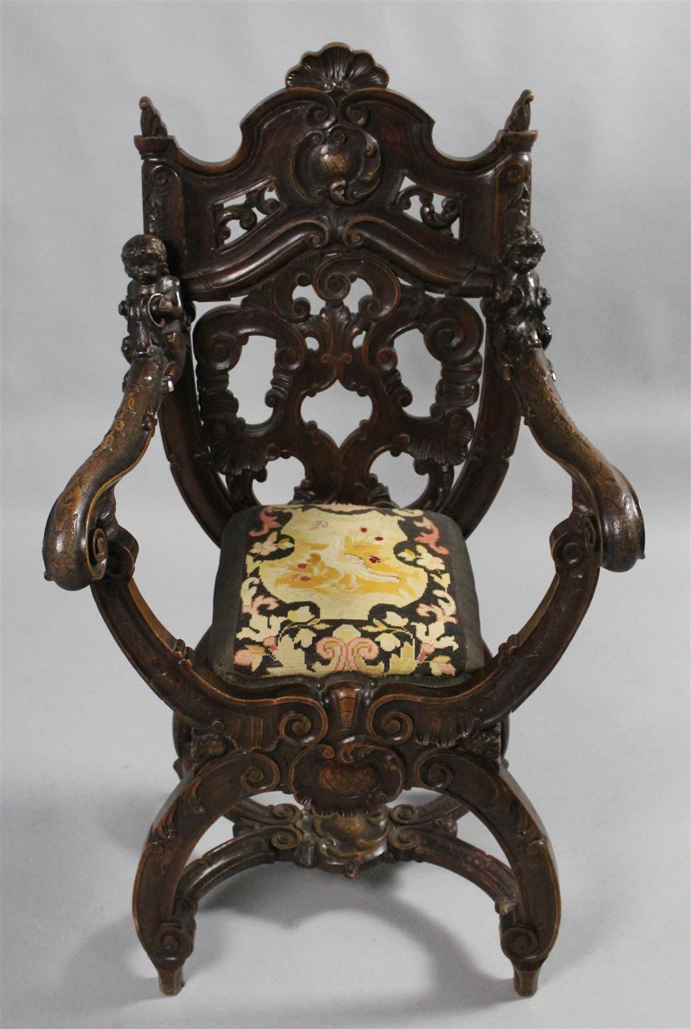 Appraisal: VENETIAN BAROQUE STYLE WALNUT SAVONAROLA CHAIR circa having a highly