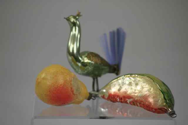 Appraisal: THREE BLOWN GLASS ORNAMENTS Germany includes watermelon slice pear with