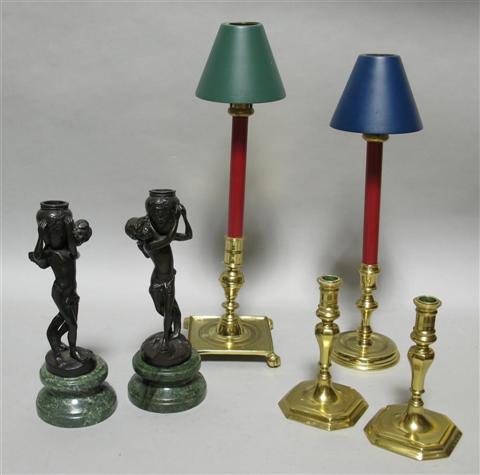 Appraisal: COLLECTION OF BRASS CANDLESTICKS Comprising two WIlliamsburg reproduction candlesticks fitted