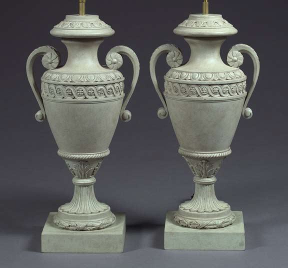 Appraisal: Attractive Pair of French Carved and Stone-Painted Wood Two-Handled Vasiform