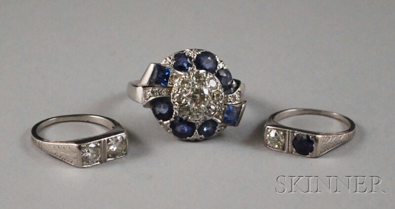 Appraisal: Three Platinum and Diamond Rings a diamond and blue gemstone