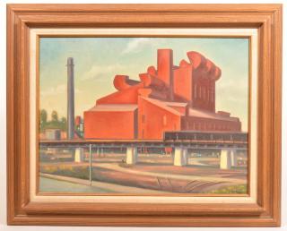 Appraisal: J Cashore Painting of an Industrial Building Oil on Canvas