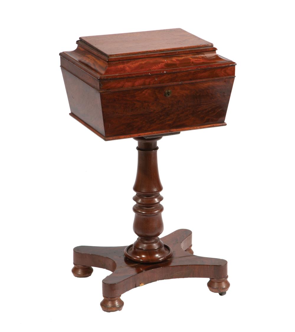 Appraisal: American Classical Mahogany Sarcophagus-Form Teapoy mid- th c baluster-turned standard