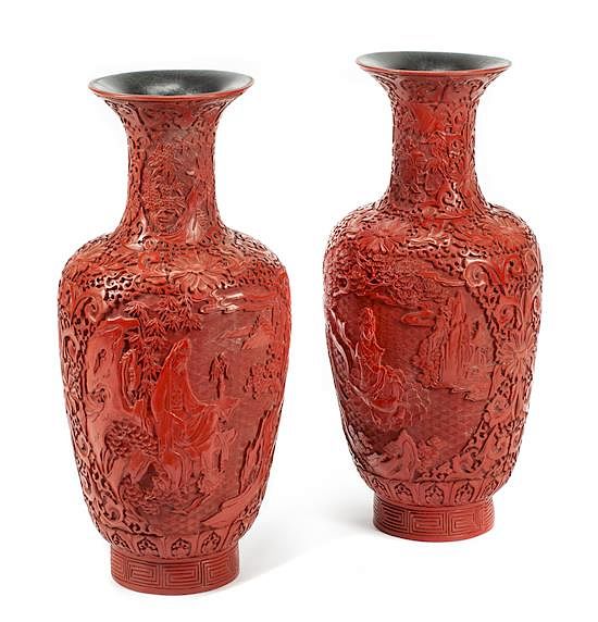 Appraisal: A Pair of Chinese Cinnabar Vases Height x diameter inches