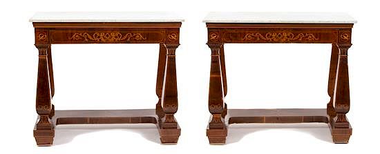 Appraisal: A Pair of Neoclassical Marquetry Satinwood Marble Top Pier Tables