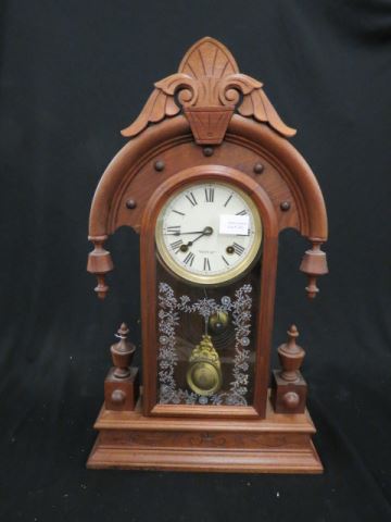 Appraisal: New Haven Mantle Clock arch top fancy carved case silver