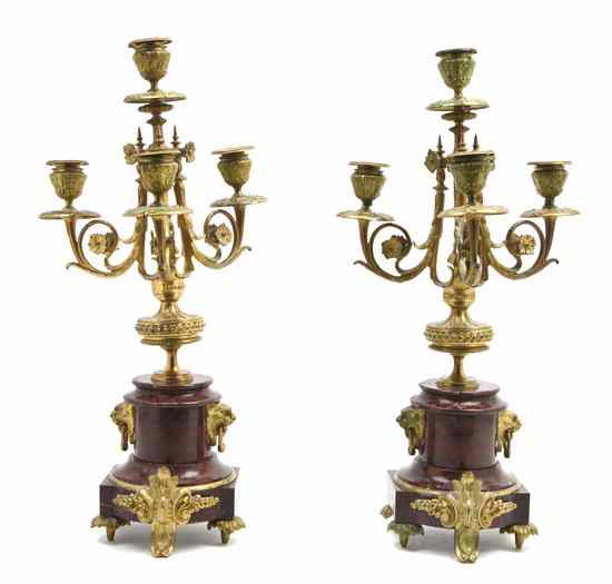 Appraisal: A Pair of Neoclassical Gilt Bronze and Rouge Marble Four-Light